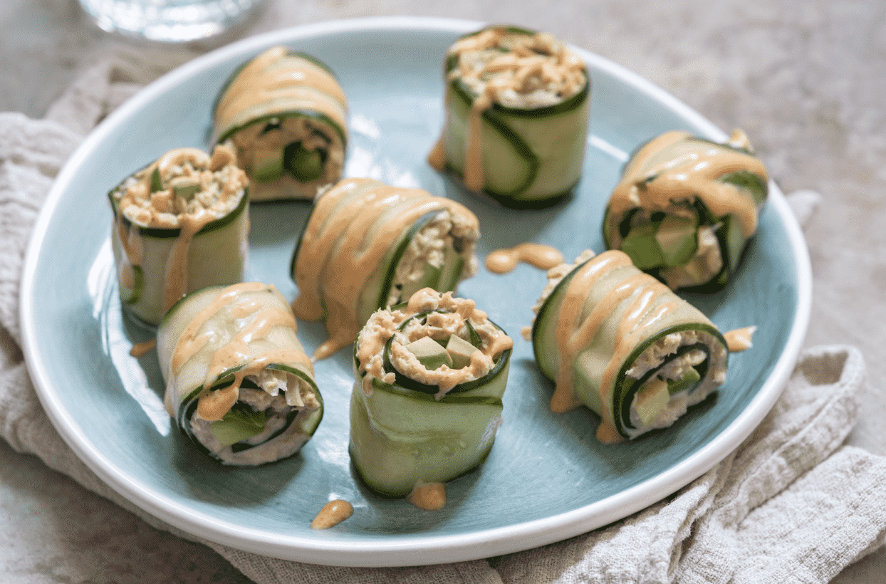 Cucumber Rolls with Cooked Tuna & Avocado with Mayo Chilli Sauce